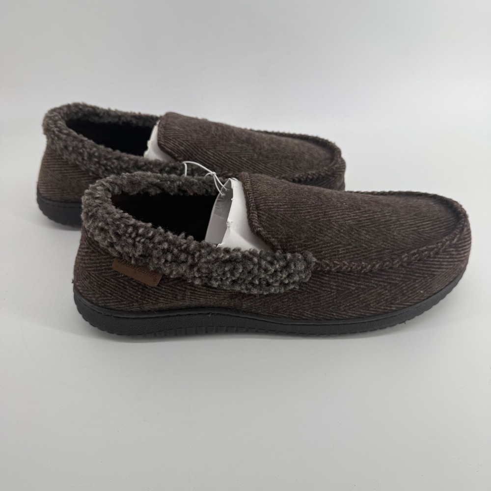Dearfoams Mens Memory Foam Slippers Brown Herringbone Moccasin Size L 11-12 New